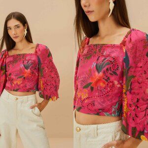 FARM Rio pink leopard flowers lace blouse S